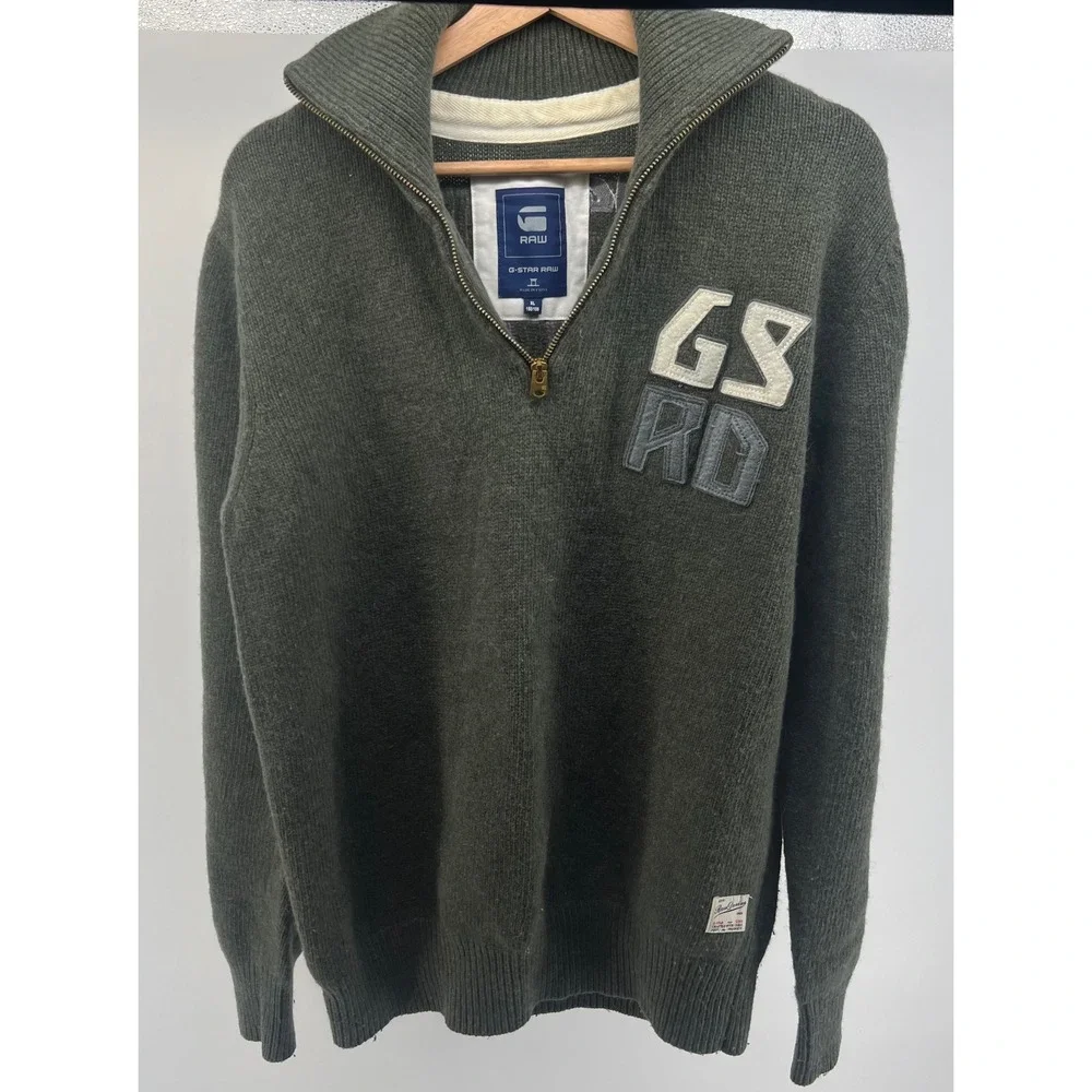 Y2K G Star Raw Men's Green Lambs Wool Blend Quarter Zip Sweater Size‎ XL